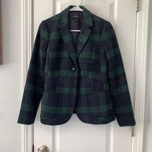 Talbots Navy Green Plaid Wool Blend Blazer Jacket Size 2 Three Button Classic